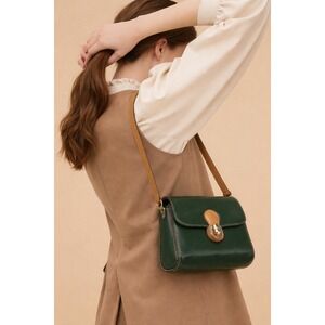 Vintage Forest Green Leather Crossbody Bag Tan Trim Gold Hardware Womens Small